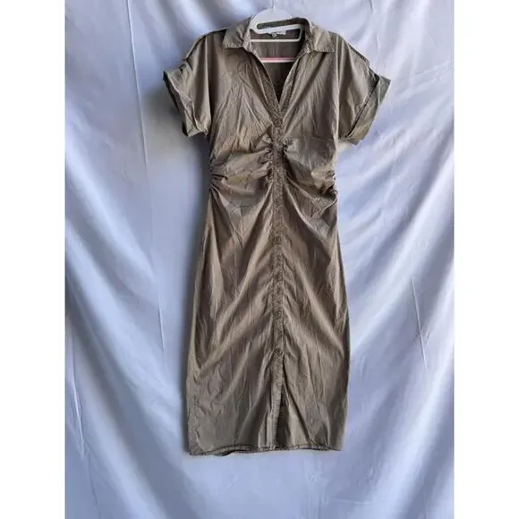 Saunders x RTR Beige Ruched Shirt Dress Size 6 Good - Picture 3 of 5